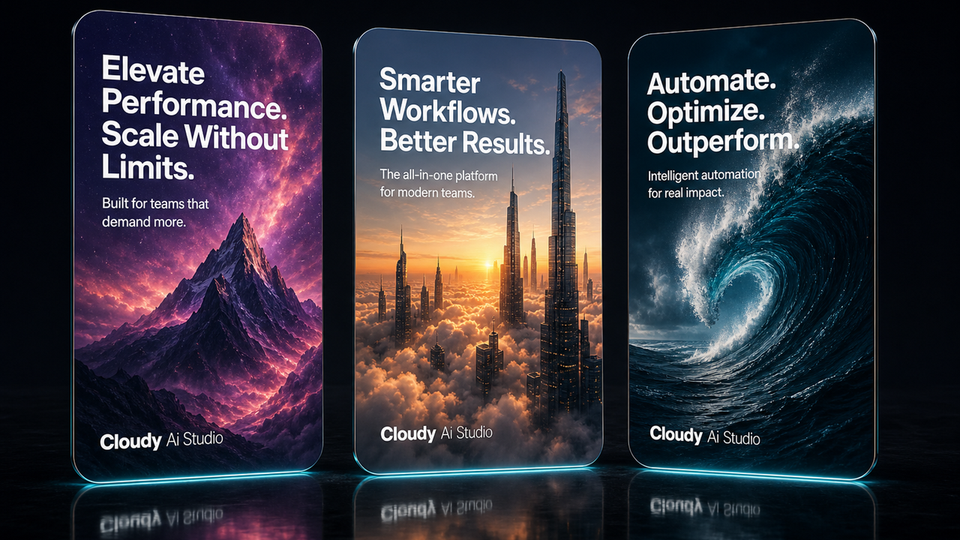 Wide 16:9 preview of three Cloudy Studio social templates on cinematic backgrounds.